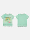 DAXUEN Light green sheer mesh short-sleeved t-shirt with cat graphic