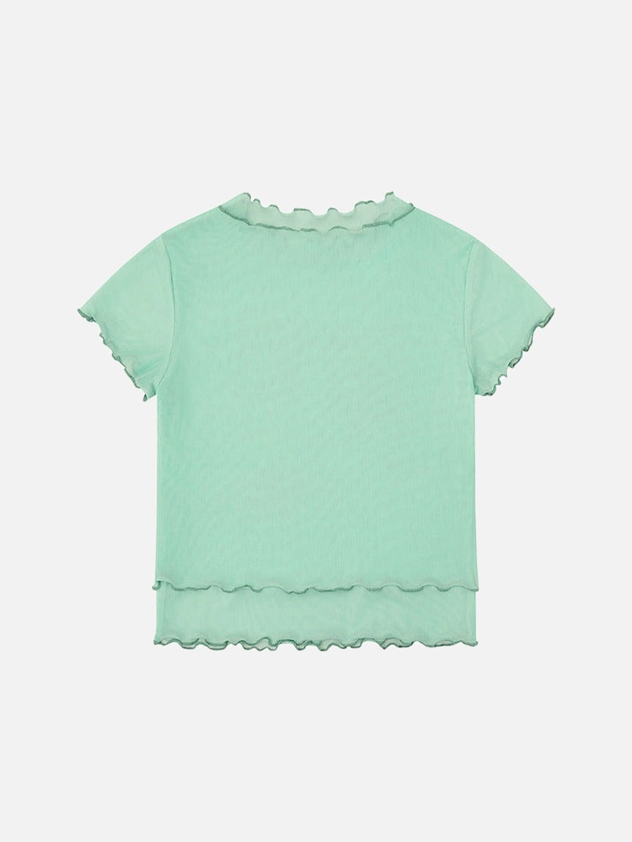 DAXUEN Light green sheer mesh short-sleeved t-shirt with cat graphic