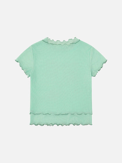 DAXUEN Light green sheer mesh short-sleeved t-shirt with cat graphic