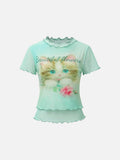 DAXUEN Light green sheer mesh short-sleeved t-shirt with cat graphic
