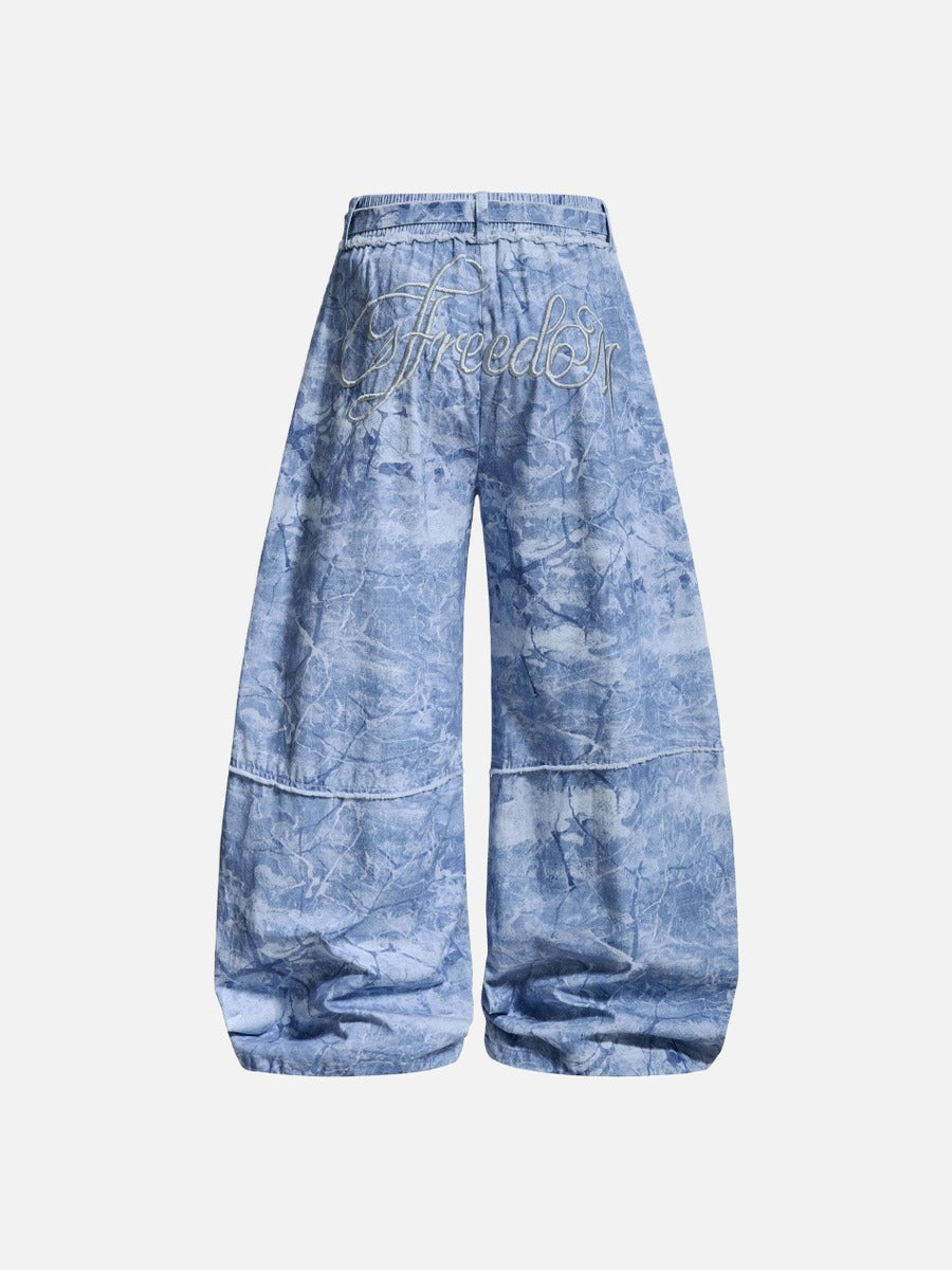DAXUEN Oversized wide-leg pants with crinkled pattern and embroidery