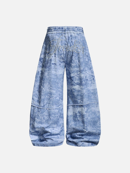 DAXUEN Oversized wide-leg pants with crinkled pattern and embroidery