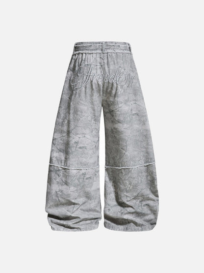 DAXUEN Oversized wide-leg pants with crinkled pattern and embroidery