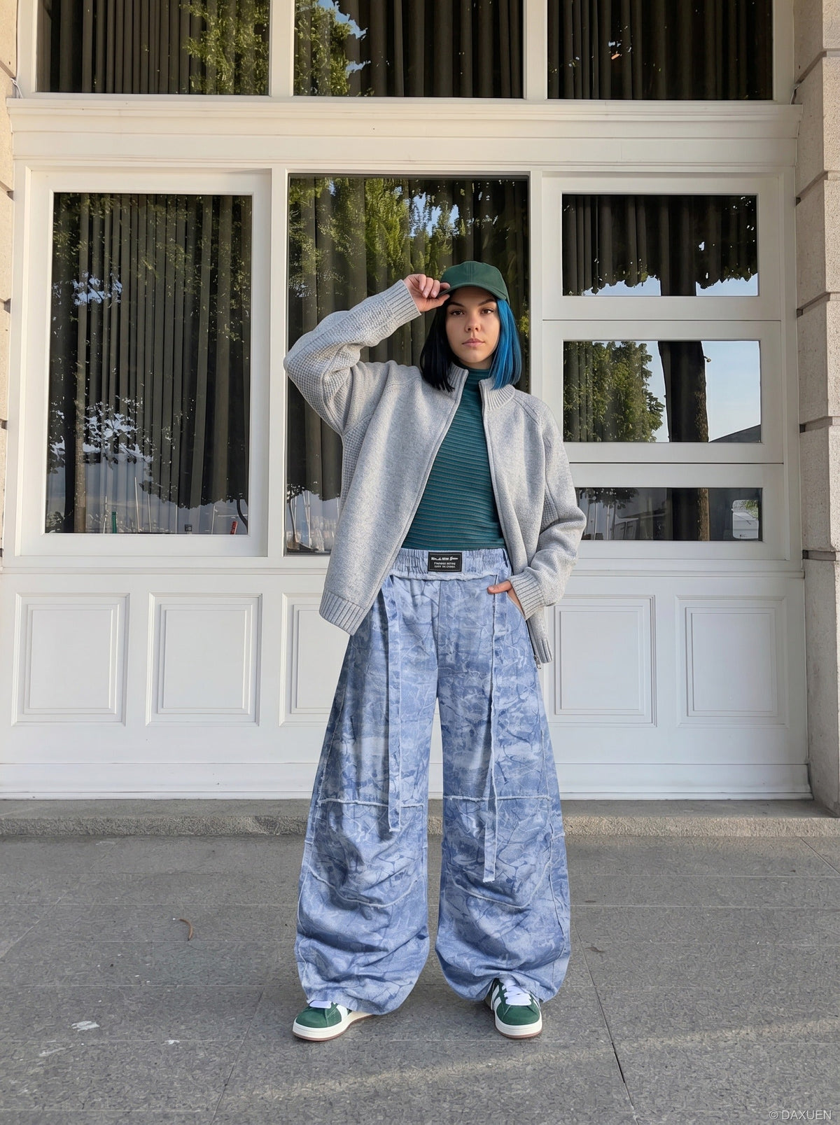 DAXUEN Oversized wide-leg pants with crinkled pattern and embroidery — model photo