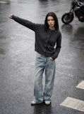 DAXUEN light heathered grey fuzzy knit long-sleeve cardigan — model photo