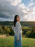 DAXUEN light heathered grey fuzzy knit long-sleeve cardigan — model photo
