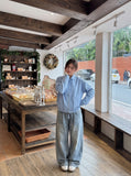 DAXUEN light blue gathered back detail shirt jacket — model photo