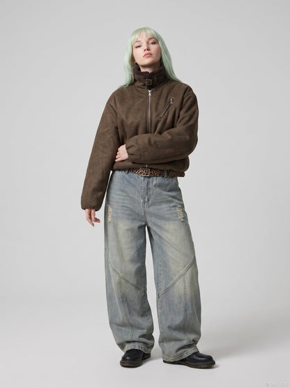 DAXUEN light blue distressed wide-leg jeans with geometric paneling — model photo