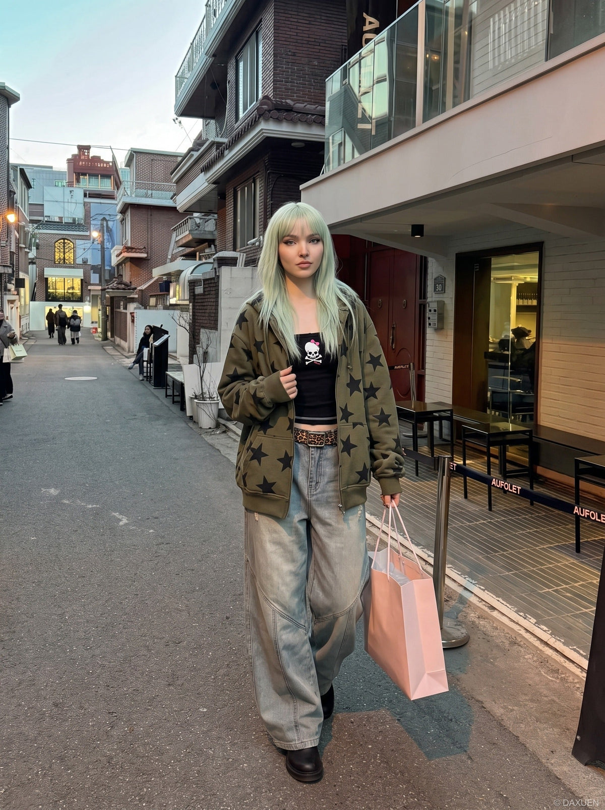 DAXUEN light blue distressed wide-leg jeans with geometric paneling — model photo