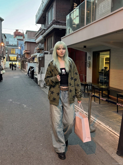DAXUEN light blue distressed wide-leg jeans with geometric paneling — model photo