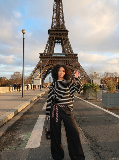 DAXUEN black oversized striped top with geometric embroidery — model photo