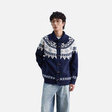 DAXUEN navy blue geometric fair isle knit cardigan