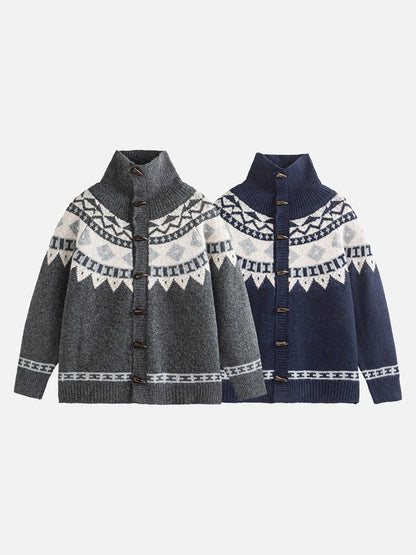 DAXUEN navy blue geometric fair isle knit cardigan
