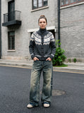 DAXUEN navy blue geometric fair isle knit cardigan — model photo