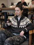 DAXUEN navy blue geometric fair isle knit cardigan — model photo