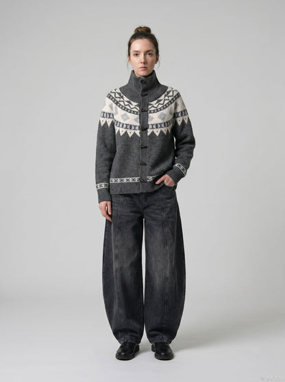 DAXUEN navy blue geometric fair isle knit cardigan — model photo
