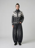 DAXUEN navy blue geometric fair isle knit cardigan — model photo
