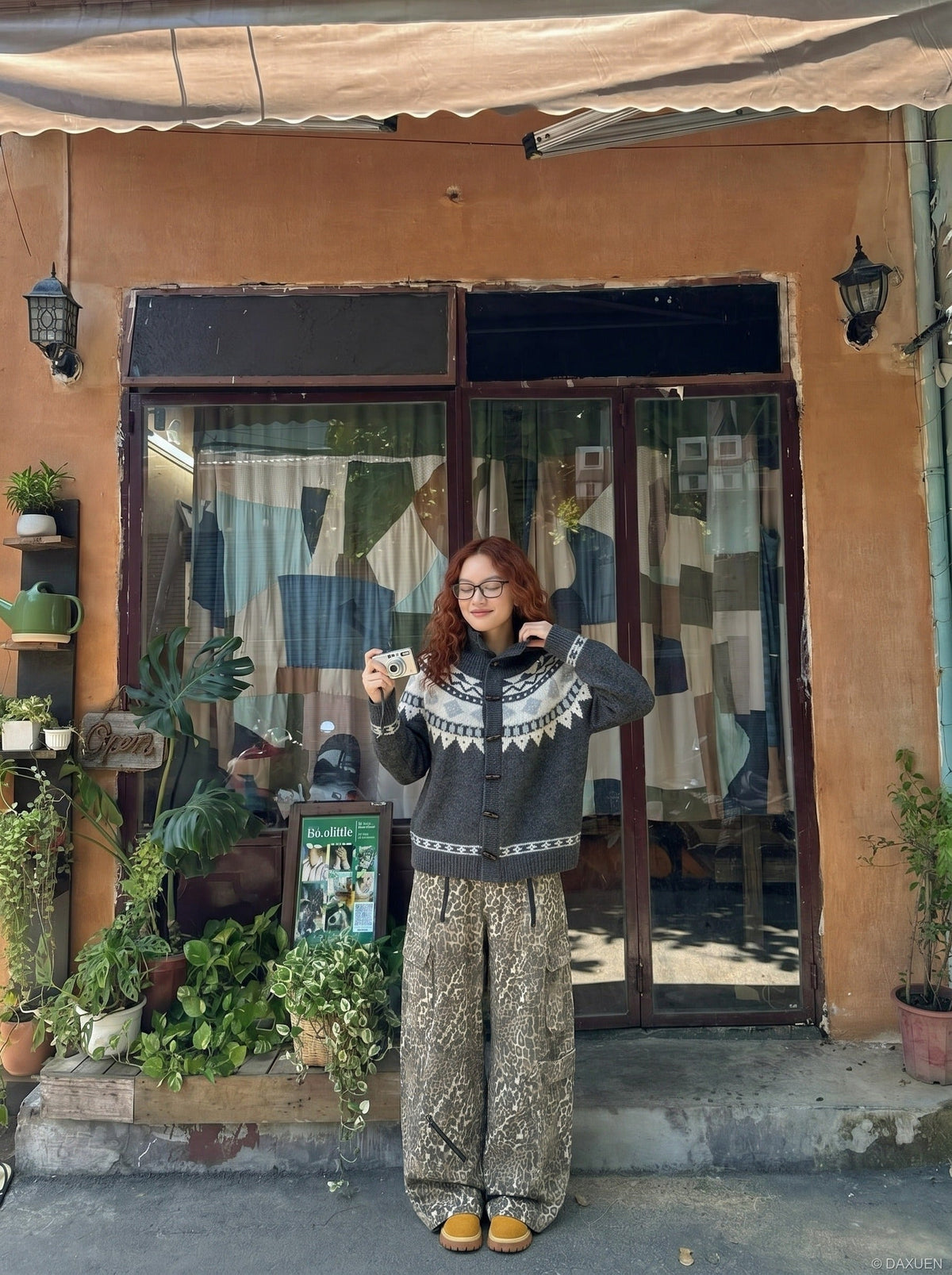 DAXUEN navy blue geometric fair isle knit cardigan — model photo