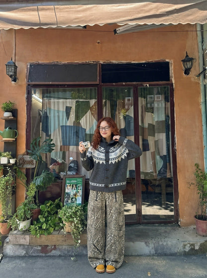 DAXUEN navy blue geometric fair isle knit cardigan — model photo
