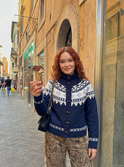 DAXUEN navy blue geometric fair isle knit cardigan — model photo