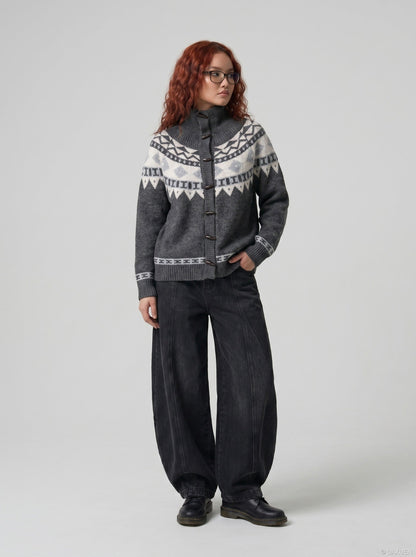 DAXUEN navy blue geometric fair isle knit cardigan — model photo