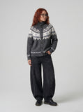 DAXUEN navy blue geometric fair isle knit cardigan — model photo