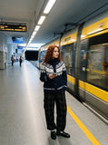 DAXUEN navy blue geometric fair isle knit cardigan — model photo