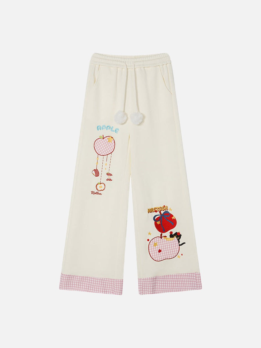 DAXUEN Gingham apple embroidered wide-leg pants