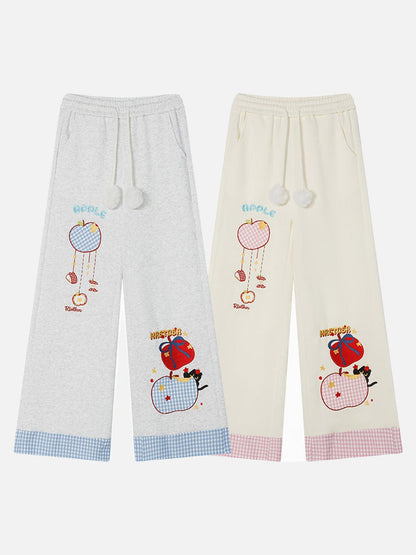 DAXUEN Gingham apple embroidered wide-leg pants