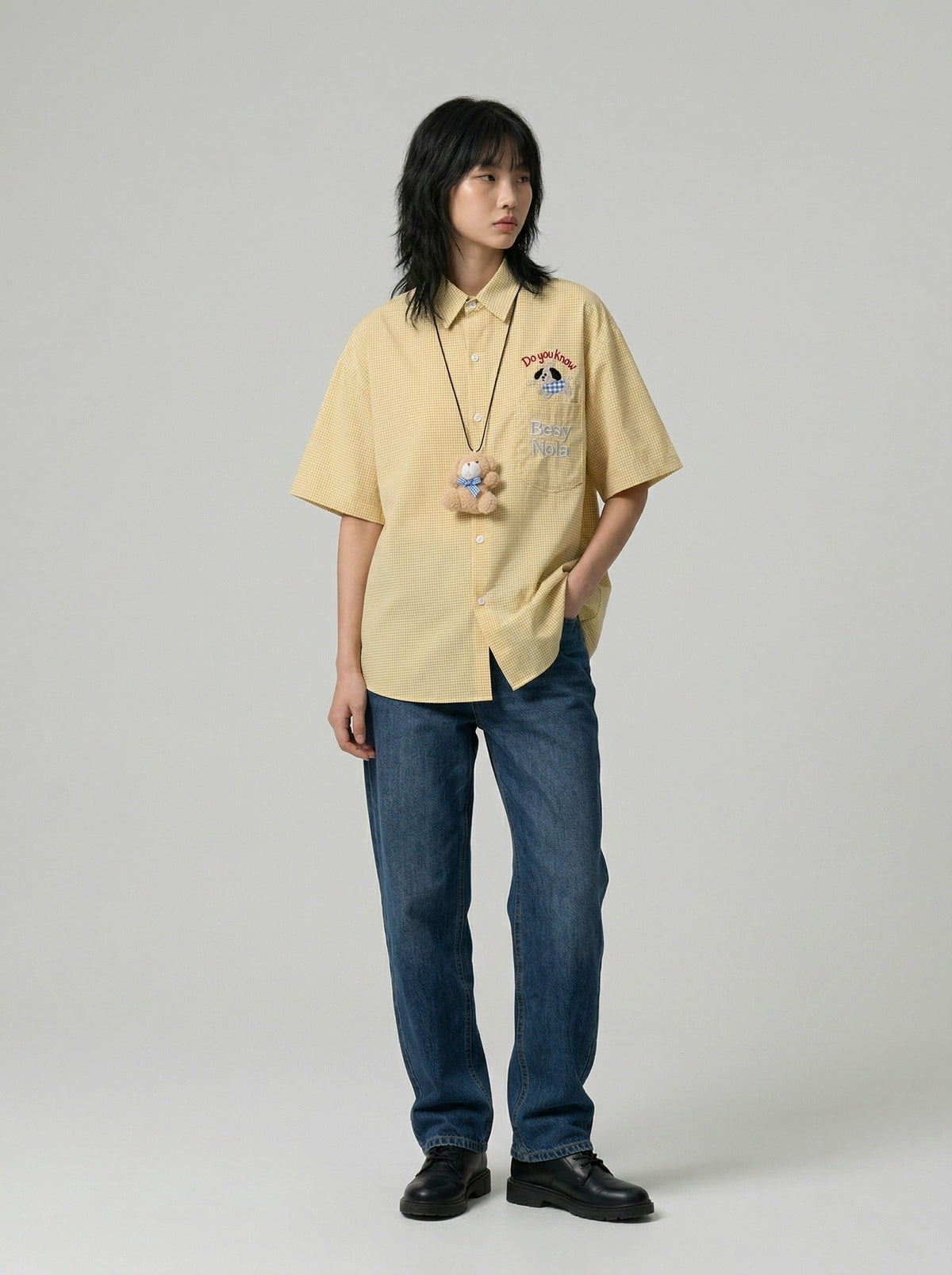 DAXUEN Gingham button-up shirt with teddy bear pendant — model photo
