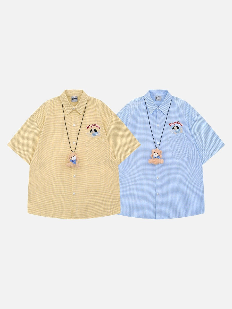 DAXUEN Gingham button-up shirt with teddy bear pendant