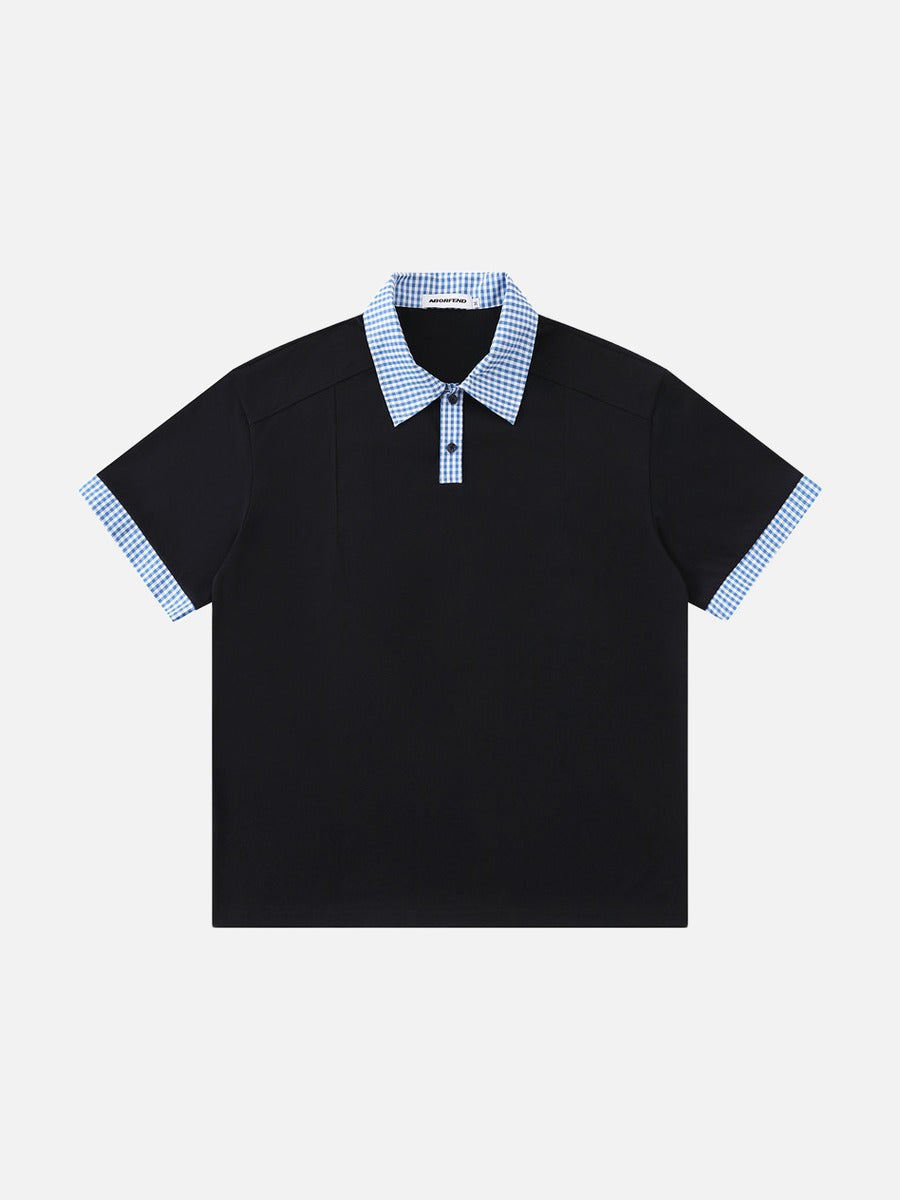 DAXUEN Short-sleeved polo shirt with gingham collar and cuffs — model photo