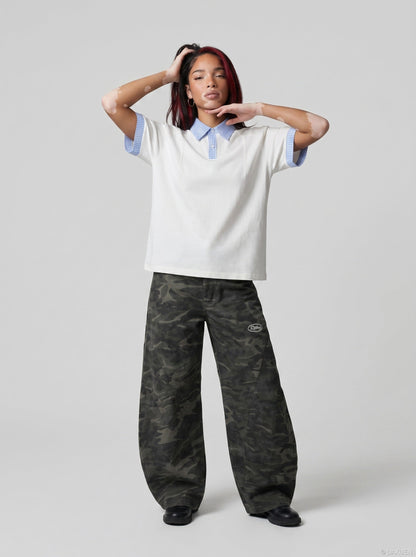 DAXUEN Short-sleeved polo shirt with gingham collar and cuffs — model photo