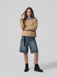 DAXUEN dark navy gingham pointed-collar zipper jacket — model photo