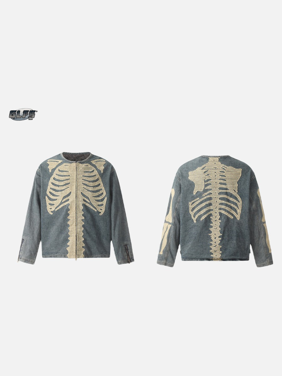 Skeletal Denim Jacket, Crew Neck