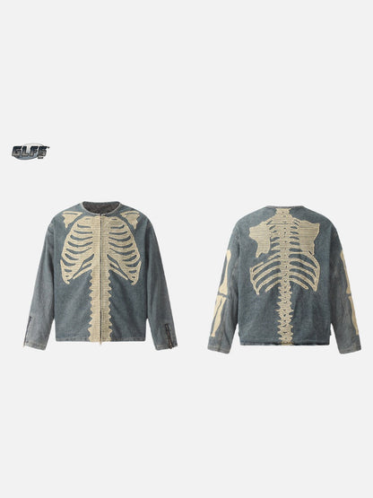 Skeletal Denim Jacket, Crew Neck