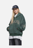 Distressed Embroidered Zip Hoodie - Hoodie
