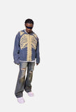Skeletal Denim Jacket, Crew Neck