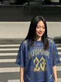 DAXUEN Oversized mesh jersey T-shirt with gothic graphics — model photo