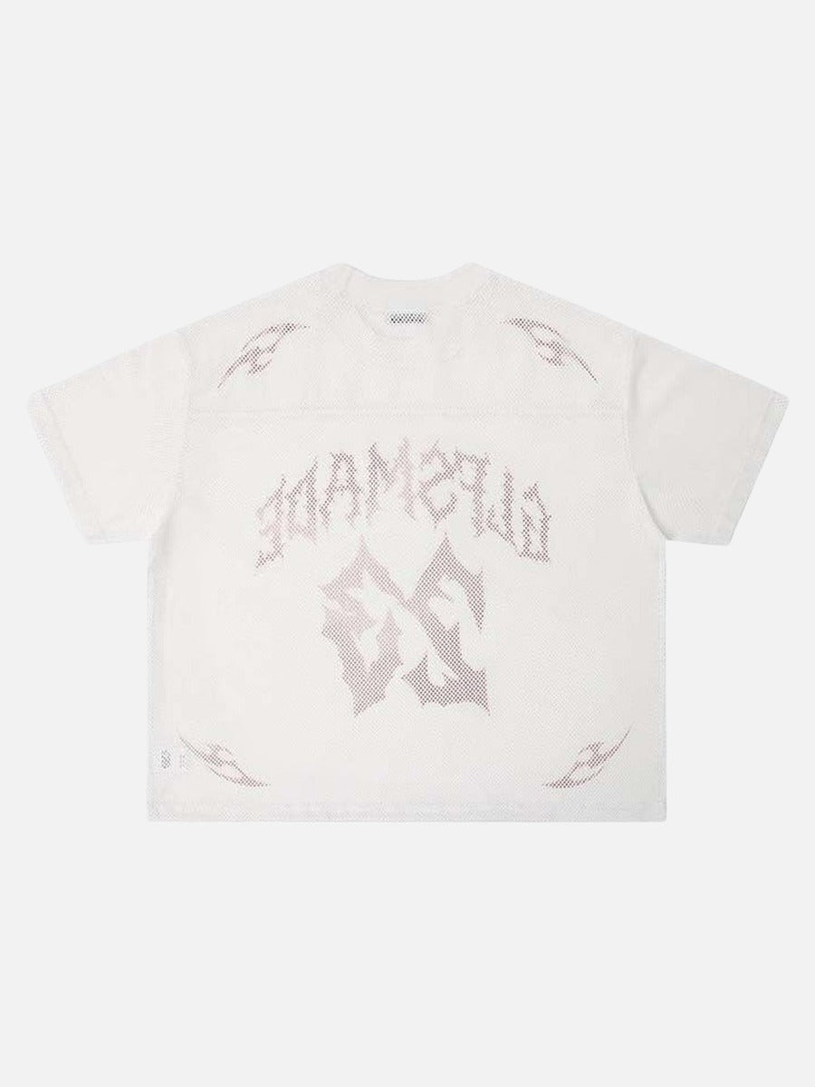 DAXUEN Oversized mesh jersey T-shirt with gothic graphics