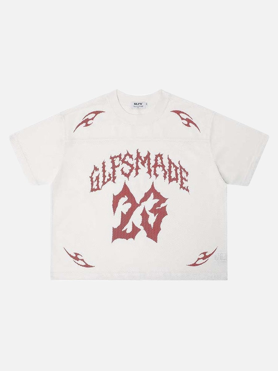DAXUEN Oversized mesh jersey T-shirt with gothic graphics