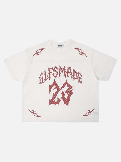 DAXUEN Oversized mesh jersey T-shirt with gothic graphics