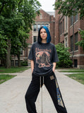 DAXUEN dark charcoal oversized gothic castle graphic tee — model photo