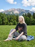 DAXUEN dark charcoal oversized gothic castle graphic tee — model photo