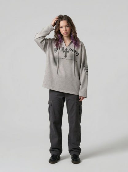 DAXUEN Gothic cross print oversized hoodie — model photo