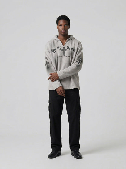 DAXUEN Gothic cross print oversized hoodie — model photo