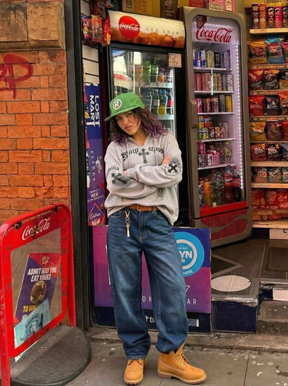 DAXUEN Gothic cross print oversized hoodie — model photo
