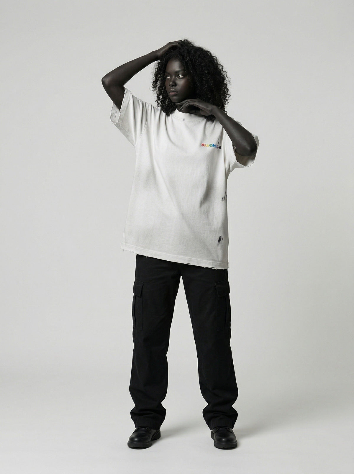 DAXUEN Gothic distressed oversized short-sleeved t-shirt — model photo