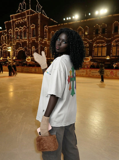 DAXUEN Gothic distressed oversized short-sleeved t-shirt — model photo