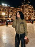 DAXUEN olive green gothic-embroidered bomber jacket — model photo